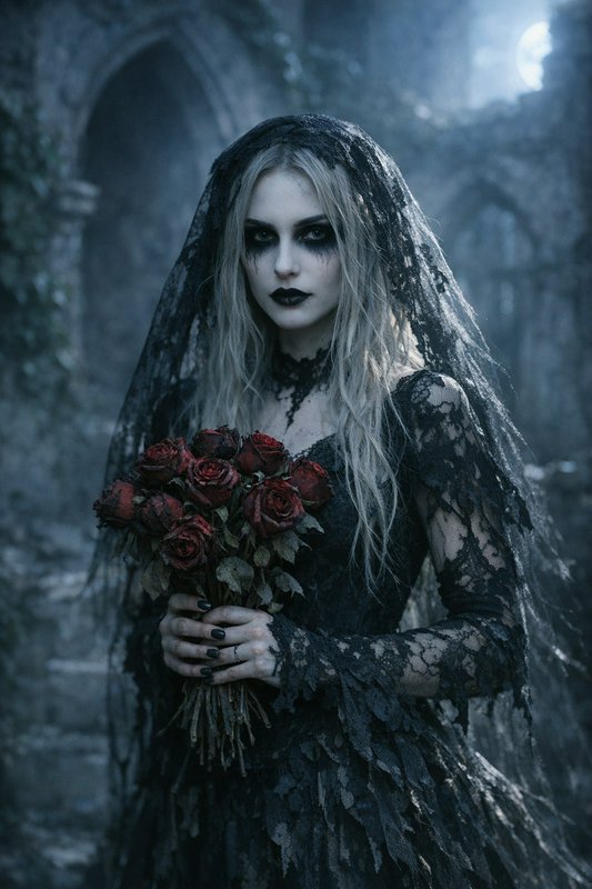 Gothic woman in black lace veil holding a bouquet of red roses in a moonlit graveyard.