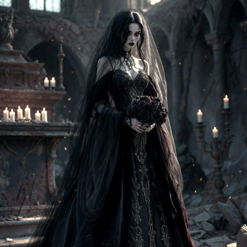 Gothic bride in a black lace gown with veil, holding a bouquet of black roses in a candlelit ruin...