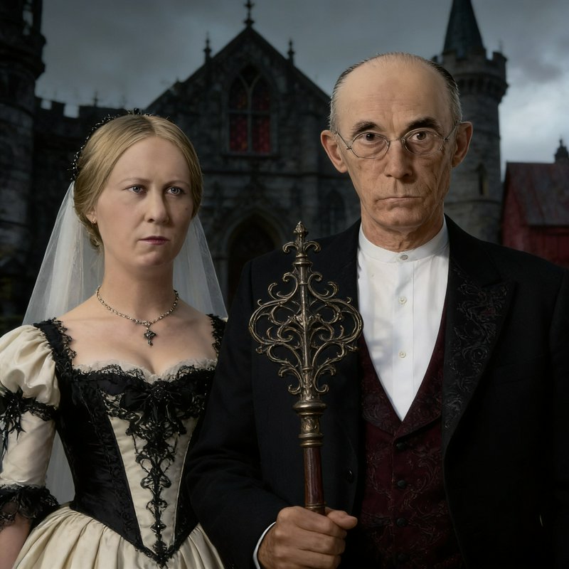 A woman in a Victorian dress and veil stands beside an older man in a formal suit holding an orna...