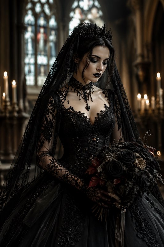 Gothic bride in black lace gown and veil in a cathedral, holding a dark bouquet.