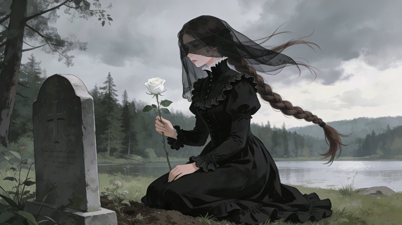 Gothic girl in a black Victorian dress kneels at a grave, offering a white rose beside a tombstone.