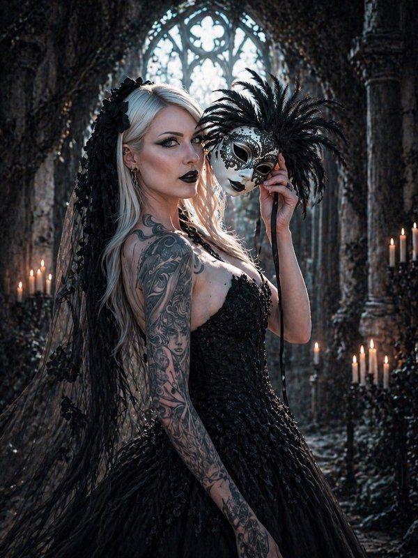 Gothic woman in a black lace gown holding an ornate masquerade mask amid candlelit ruins.