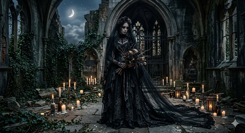 Gothic woman in black lace gown and veil standing among lit candles in a ruined stone courtyard a...