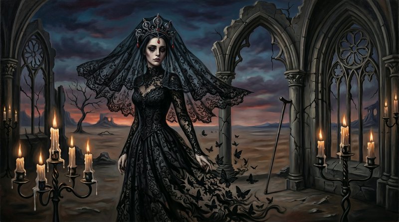 Gothic queen in a black lace gown and veil stands among ruined cathedral arches lit by candlelight.