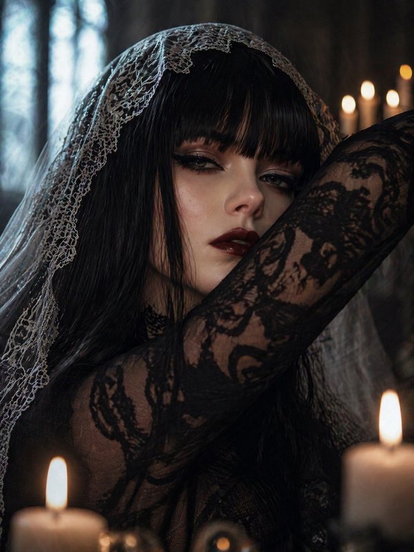 Gothic woman in lace veil with dark lipstick amidst candlelight in a moody, dramatic portrait.