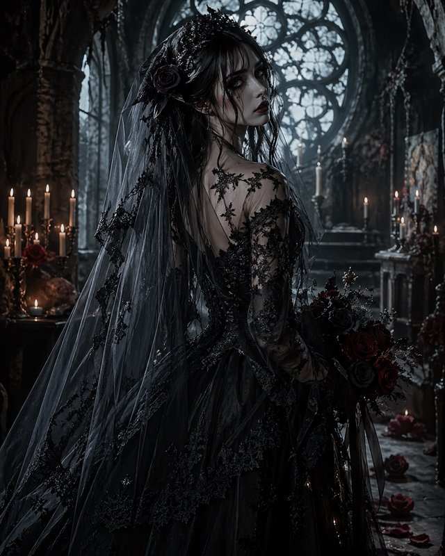 Gothic bride in a black lace wedding gown and veil in a candlelit, ornate church setting.