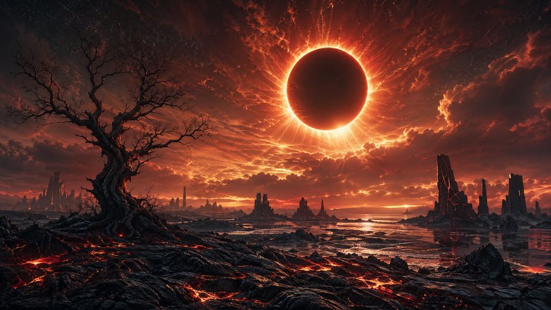A desolate alien landscape with a glowing red solar eclipse and lava-lit rock formations.