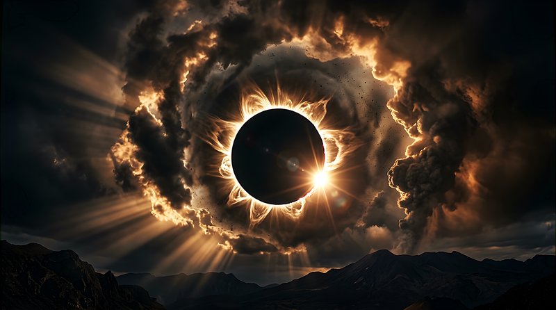 Solar eclipse over rugged mountains with a bright solar corona and dark silhouette.
