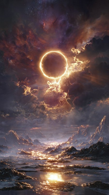 Fiery ring eclipse over a jagged coastal landscape with glowing reflections