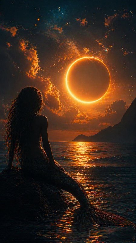 Silhouette of a mermaid on a rocky shore watching a glowing solar eclipse over the sea at sunset.
