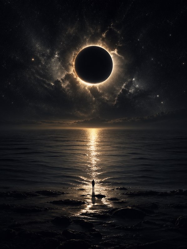 Silhouette of a person on a rocky shoreline under a dramatic solar eclipse over the ocean.