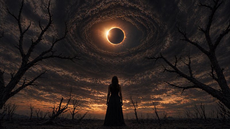 Silhouette of a woman in a barren, eerie landscape beneath a solar eclipse halo.
