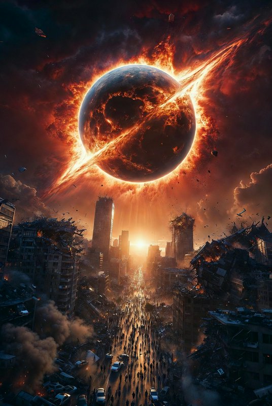 Apocalyptic cityscape under a fiery, ringed planet looming above with flames and wreckage.