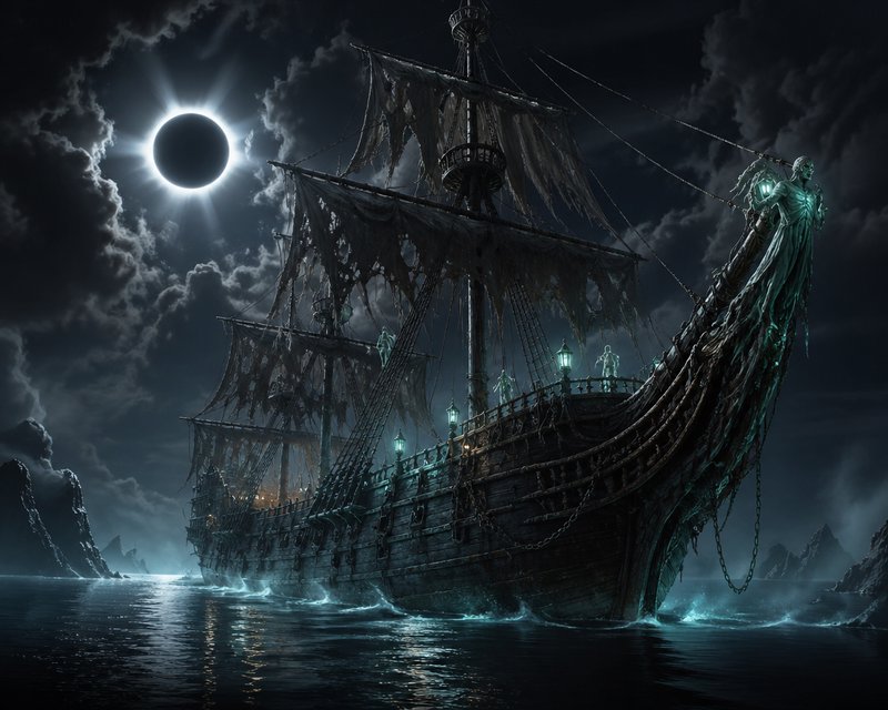 Dark pirate ship at night with glowing lanterns and a solar eclipse over a stormy sea.