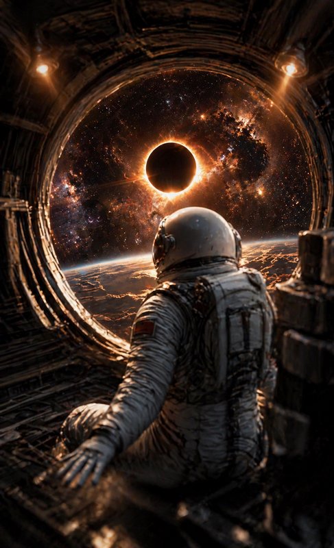 Astronaut seated in a spacecraft window, watching a solar eclipse against a star-filled nebula ba...