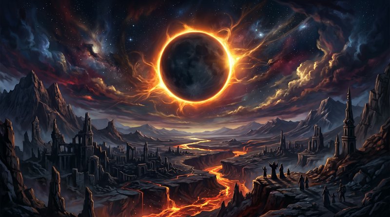 Dark fantasy landscape with a glowing solar eclipse, lava river, and jagged mountains.