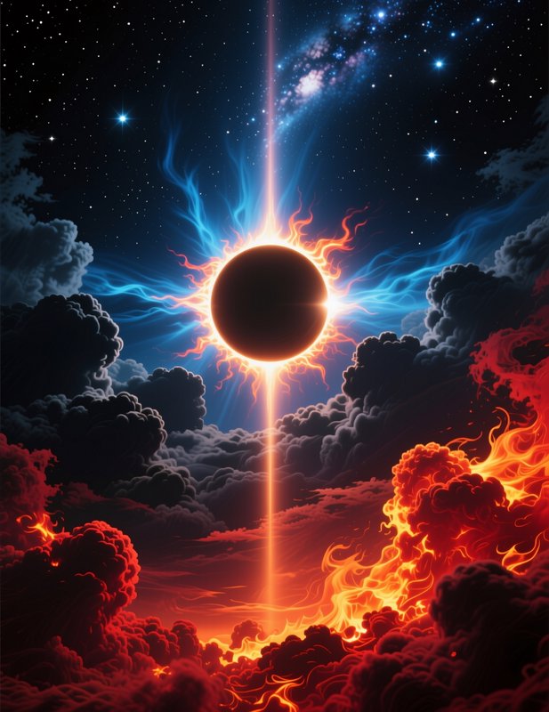 Fiery solar eclipse with a glowing black sun and blue-orange corona amid dark storm clouds and st...