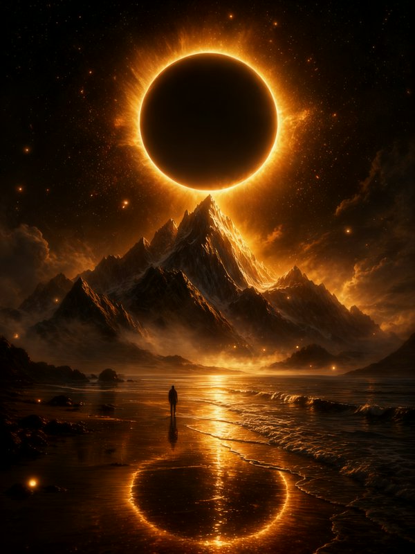 A dramatic fantasy landscape with a glowing solar eclipse above jagged mountains and a reflective shoreline.