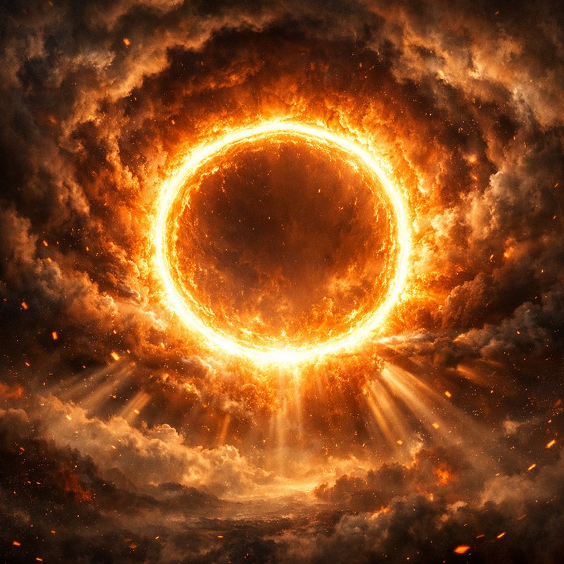 Fiery solar eclipse ring glowing amid dark clouds and radiant light beams.