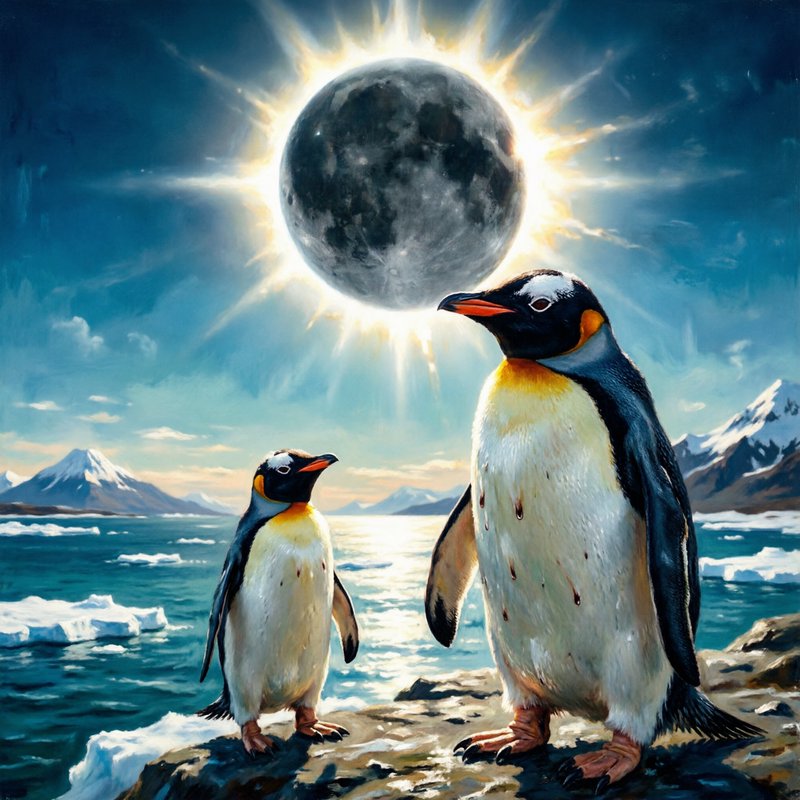 Two penguins on a rocky shore under a solar eclipse over a icy sea.