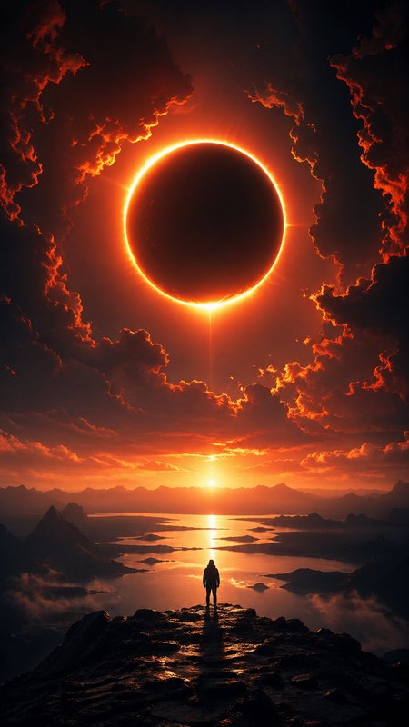 Person standing on a rocky cliff under a glowing solar eclipse with a fiery sunset.