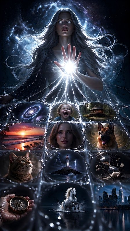 Mystical woman channels bright light from her hand with glass bubbles showing dreamlike scenes.