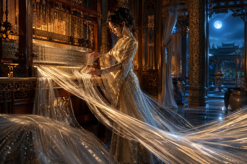 Elegant woman in a gold-embellished gown drapes a sheer veil across an ornate temple at night.