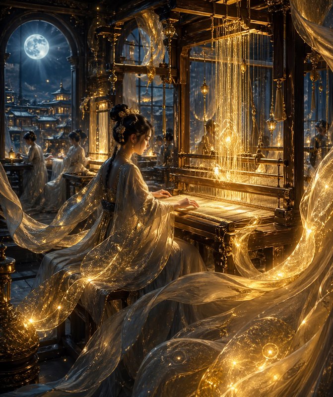 Elegant woman in flowing robes weaving luminous golden threads in a moonlit, ornate textile works...