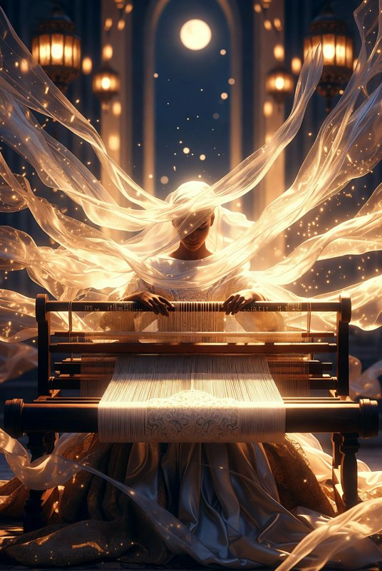 Mystical figure weaving glowing fabric on a loom in a lantern-lit, moonlit hall.