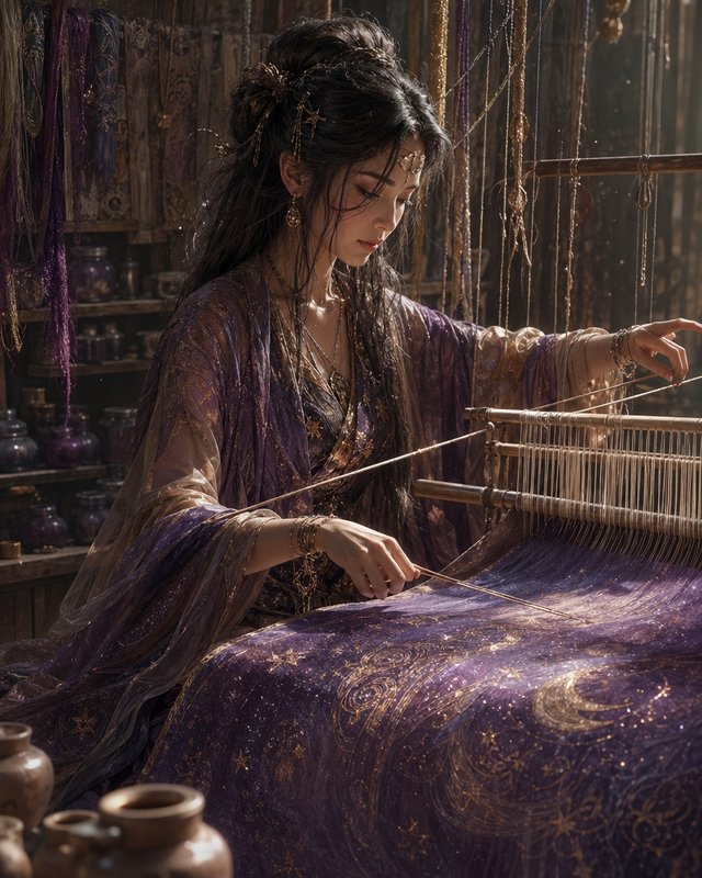 Elegant woman weaving on a loom in a purple-gold robe in a vintage artisan studio.