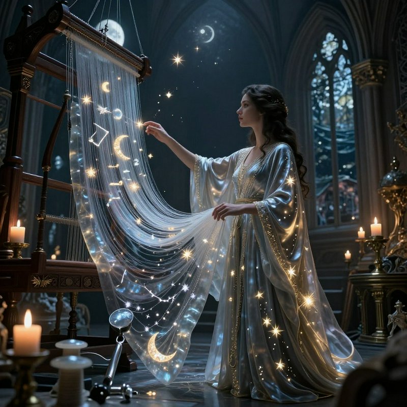 A woman in a shimmering silver gown weaves a starry, moon-lit fabric on a magical loom in a cathe...