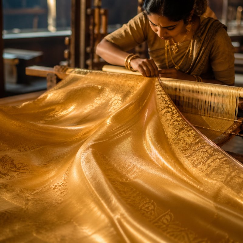 A woman weaving luxurious gold silk fabric on a traditional loom in warm light