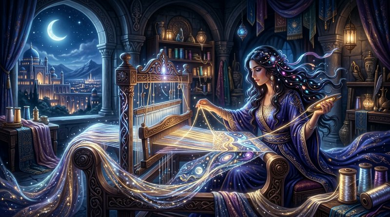 Fantasy woman weaving luminous threads on an ornate loom in a moonlit studio.