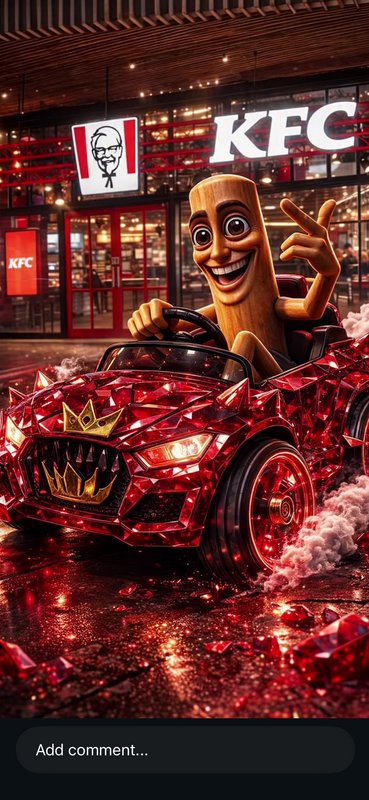Red crystal-themed convertible driven by a cheerful cartoon chicken leg mascot outside a KFC rest...
