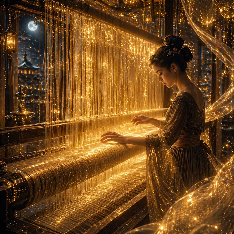 Woman in an elegant gown weaving on a glowing golden loom at night.