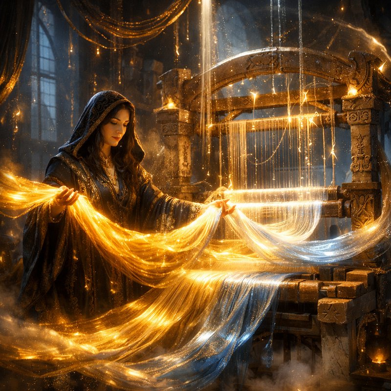 Woman in a dark robe weaving glowing gold and blue threads on an ancient loom.