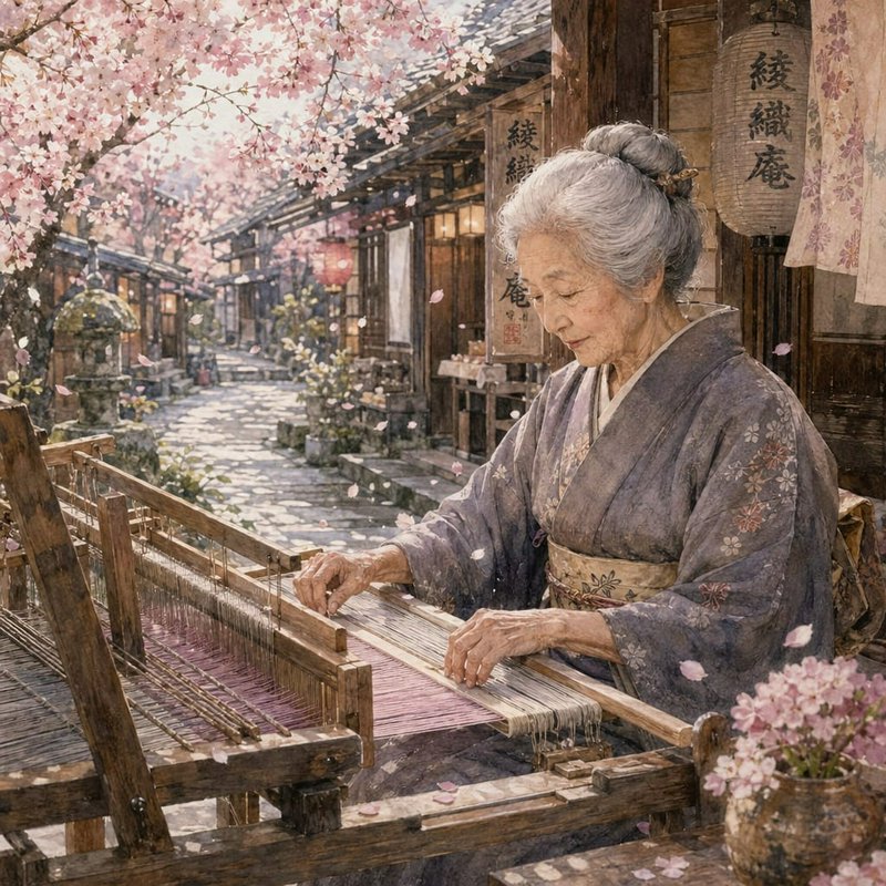 Elderly Japanese woman weaving on a wooden loom in a cherry blossom street.