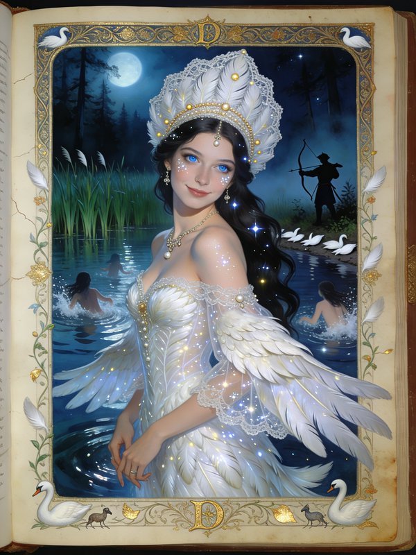 Fantasy woman in a white feathered gown and wings by a moonlit lake, framed in an ornate border.