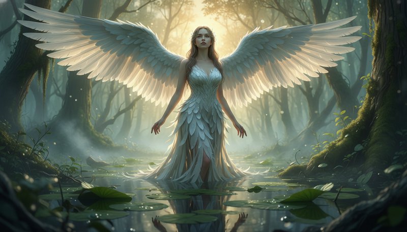Angelic woman with large white wings standing in a forest pond.