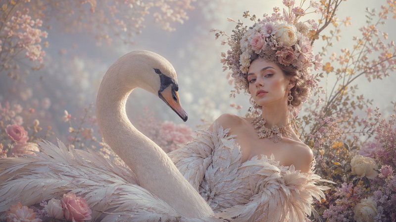 Woman in a floral headdress beside a swan in a pastel floral garden.