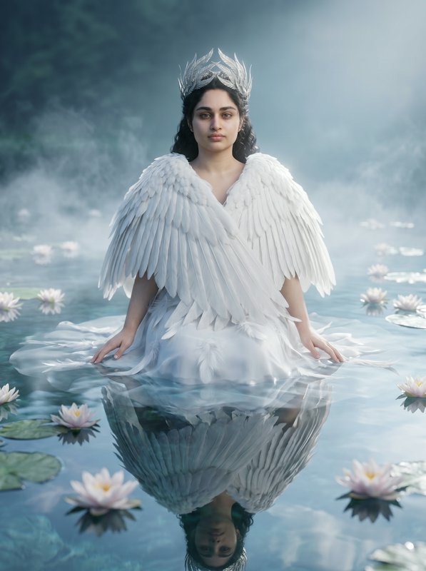 Woman in white feathered wings and silver crown sits in calm water with lily pads and her reflect...