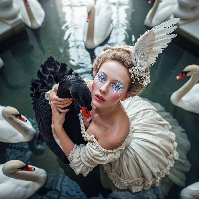 Woman in an ivory vintage gown with a feather headpiece cradling a black swan among white swans.
