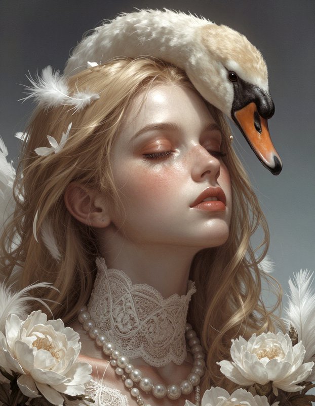 Woman with a swan perched on her head among white flowers, wearing a lace choker and pearl necklace.