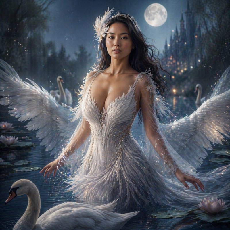 Ethereal woman in a white feather gown with angel wings on a moonlit lake.