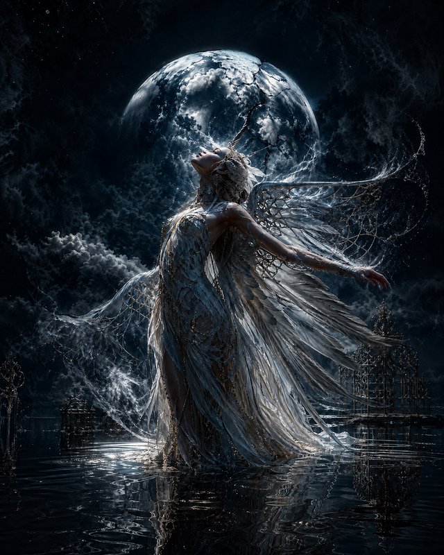 A luminous winged ethereal figure in flowing translucent robes stands in water under a full moon.