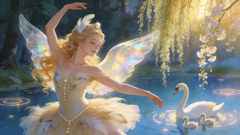 Fairy with glowing pastel wings dancing by a moonlit lake with swans.