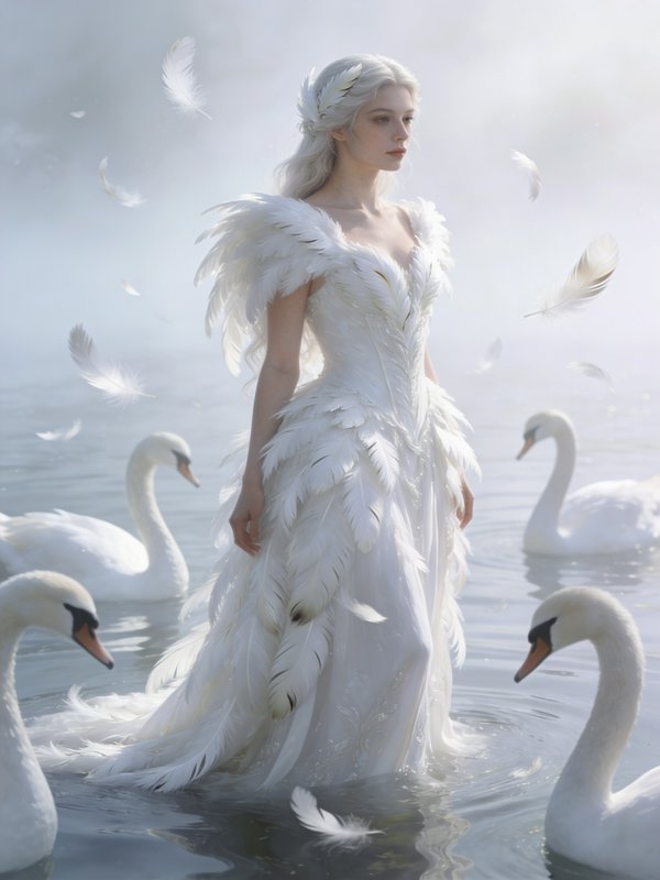 Ethereal woman in a white feather gown standing in shallow water with swans and soft light.