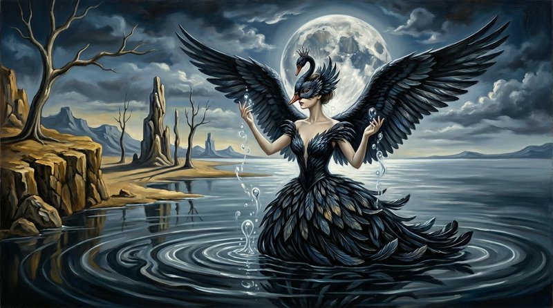 Fantasy portrait of a black-feathered winged woman standing in a moonlit lake.
