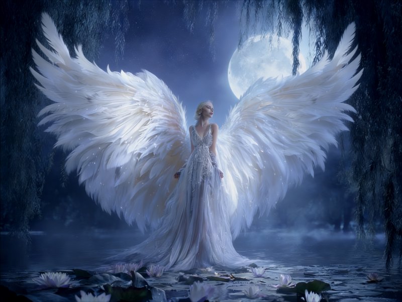 angelic woman with large white wings standing on a moonlit lake at night