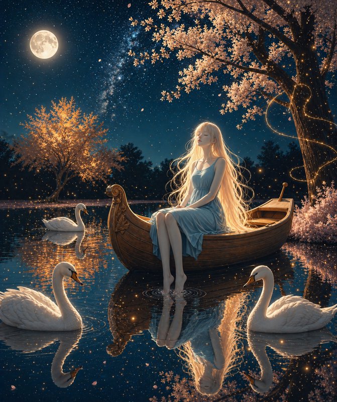 Young woman in a blue dress sits in a wooden boat on a moonlit lake, with swans and glowing bloss...